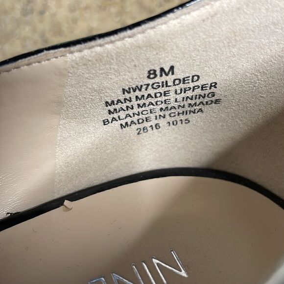 Nine West "Gilded" Black Patent Faux Leather Open Toe Platform Heels sz 8 - Picture 7 of 16